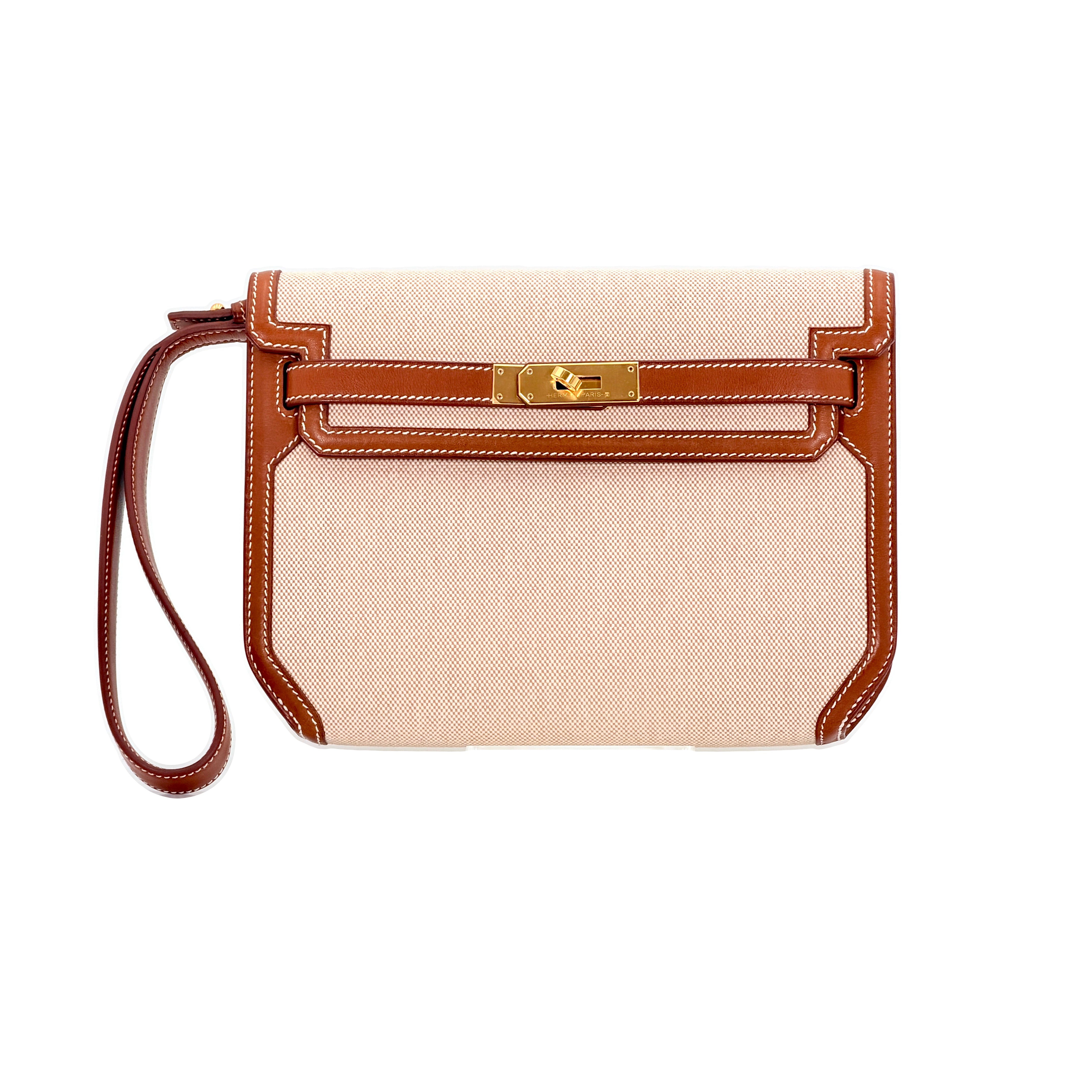 Hermès Kelly Depeches 25 Pouch Barenia Fauve Ecru Beige Toile H GHW (D