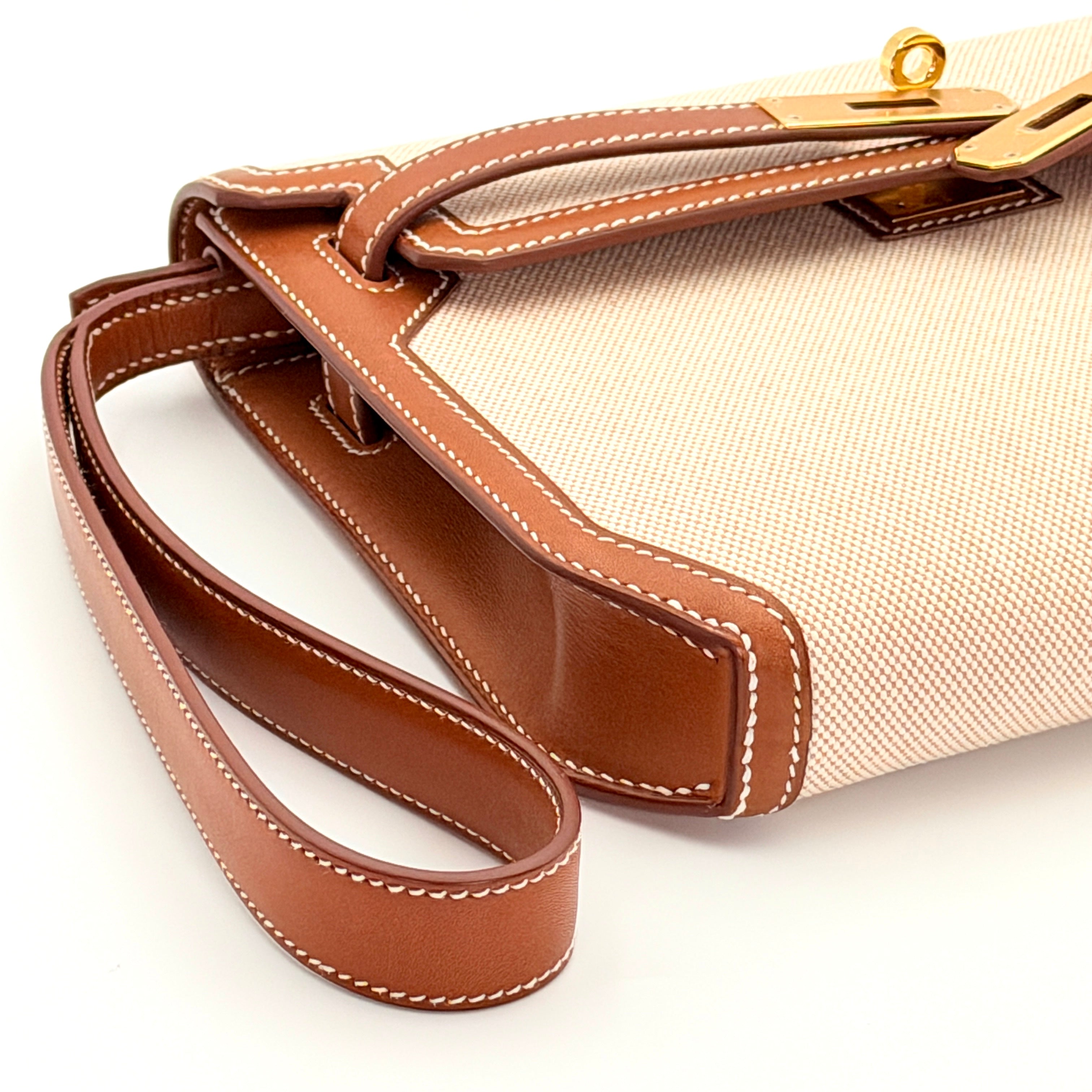Hermès Kelly Depeches 25 Pouch Barenia Fauve Ecru Beige Toile H GHW (Discontinued Model)