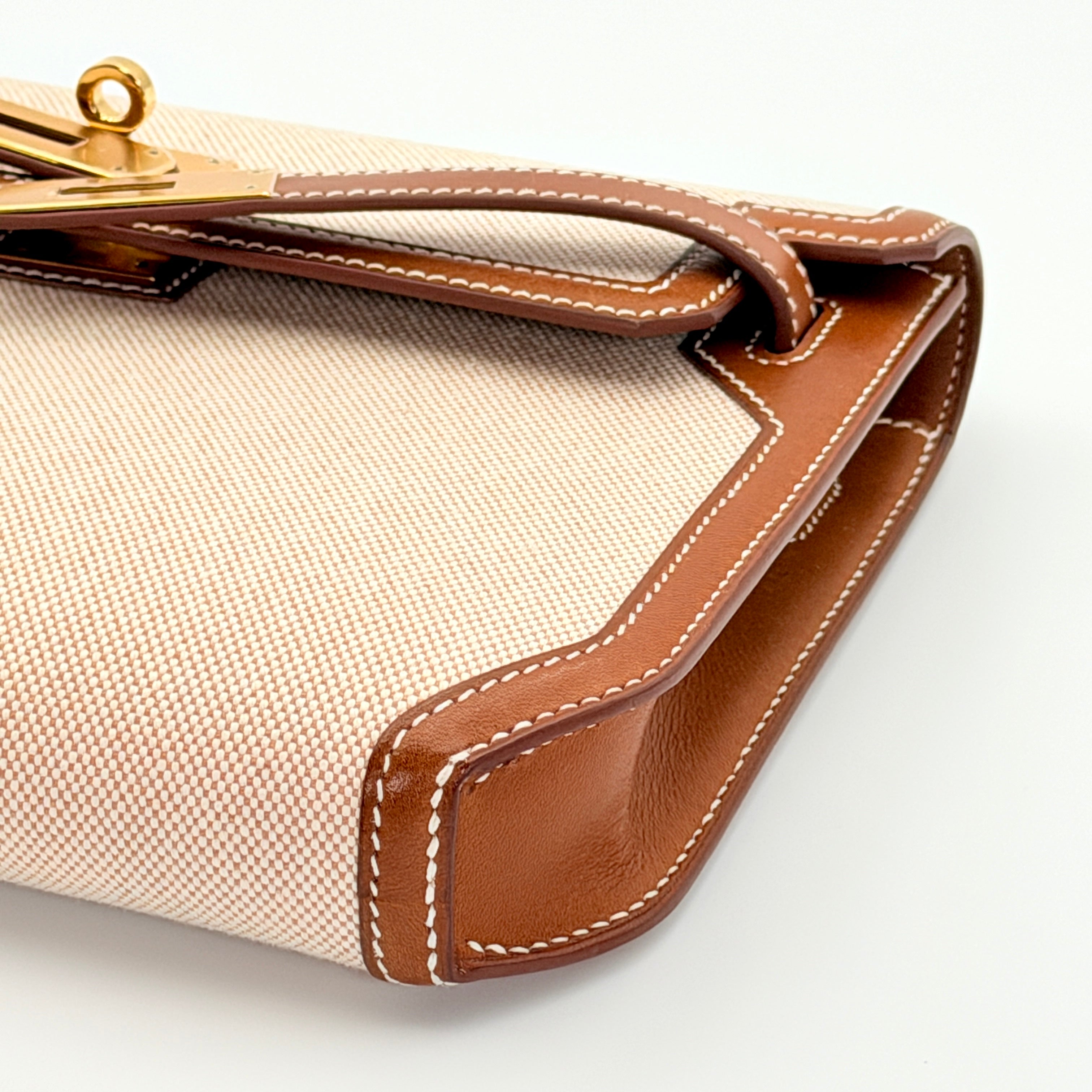 Hermès Kelly Depeches 25 Pouch Barenia Fauve Ecru Beige Toile H GHW (Discontinued Model)