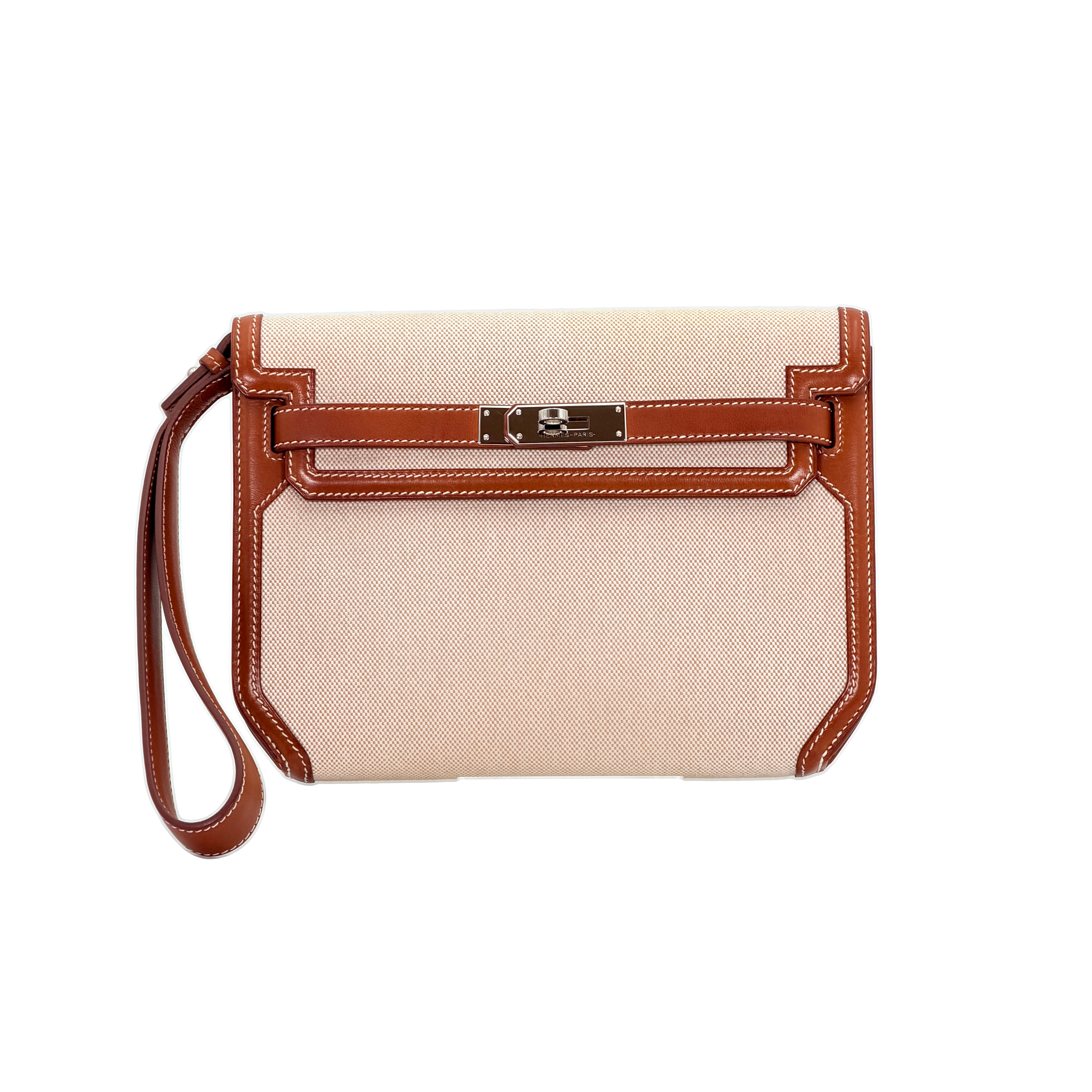 Hermès Kelly Depeches 25 Pouch Barenia Fauve Ecru Beige Toile H PHW (Discontinued Model)