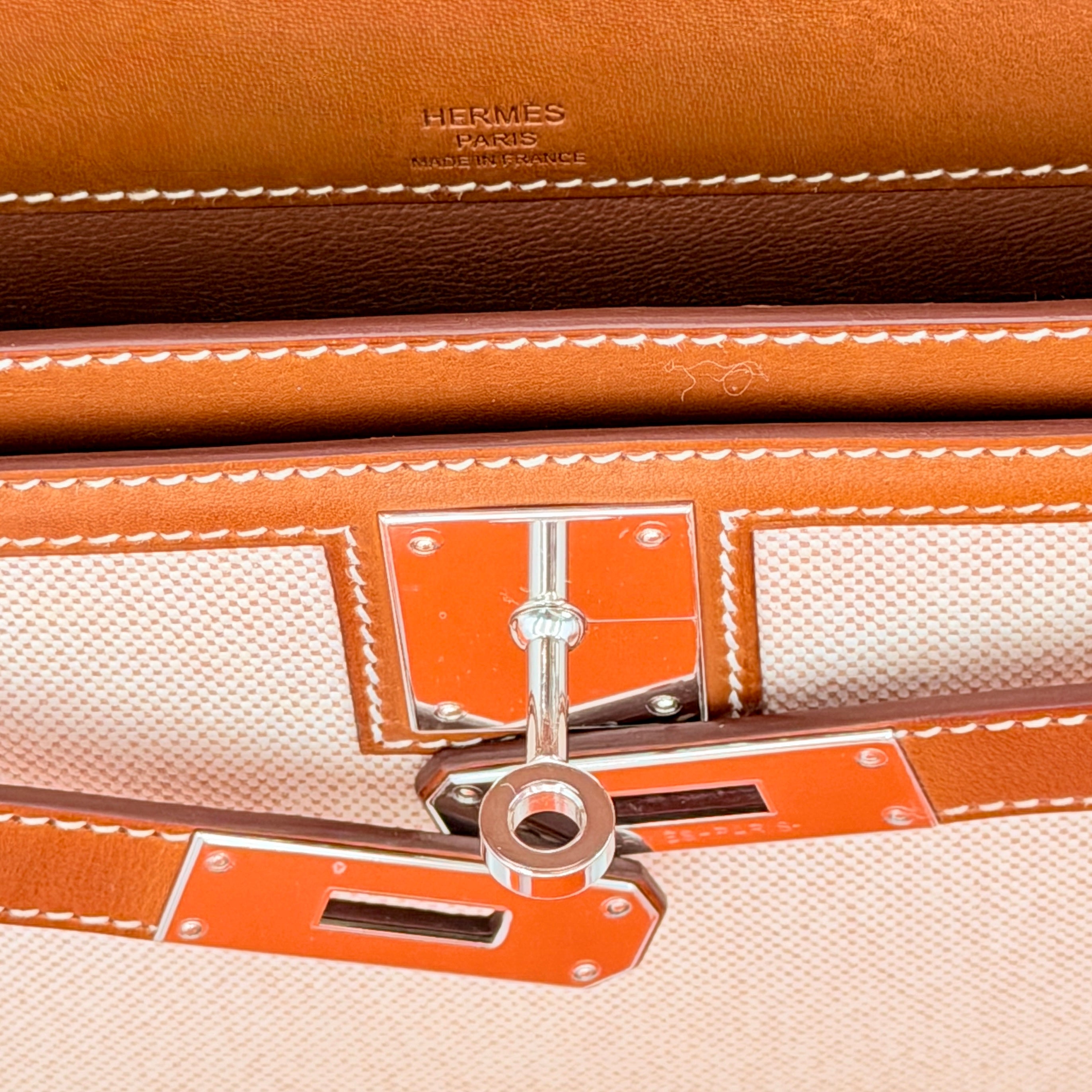 Hermès Kelly Depeches 25 Pouch Barenia Fauve Ecru Beige Toile H PHW (Discontinued Model)