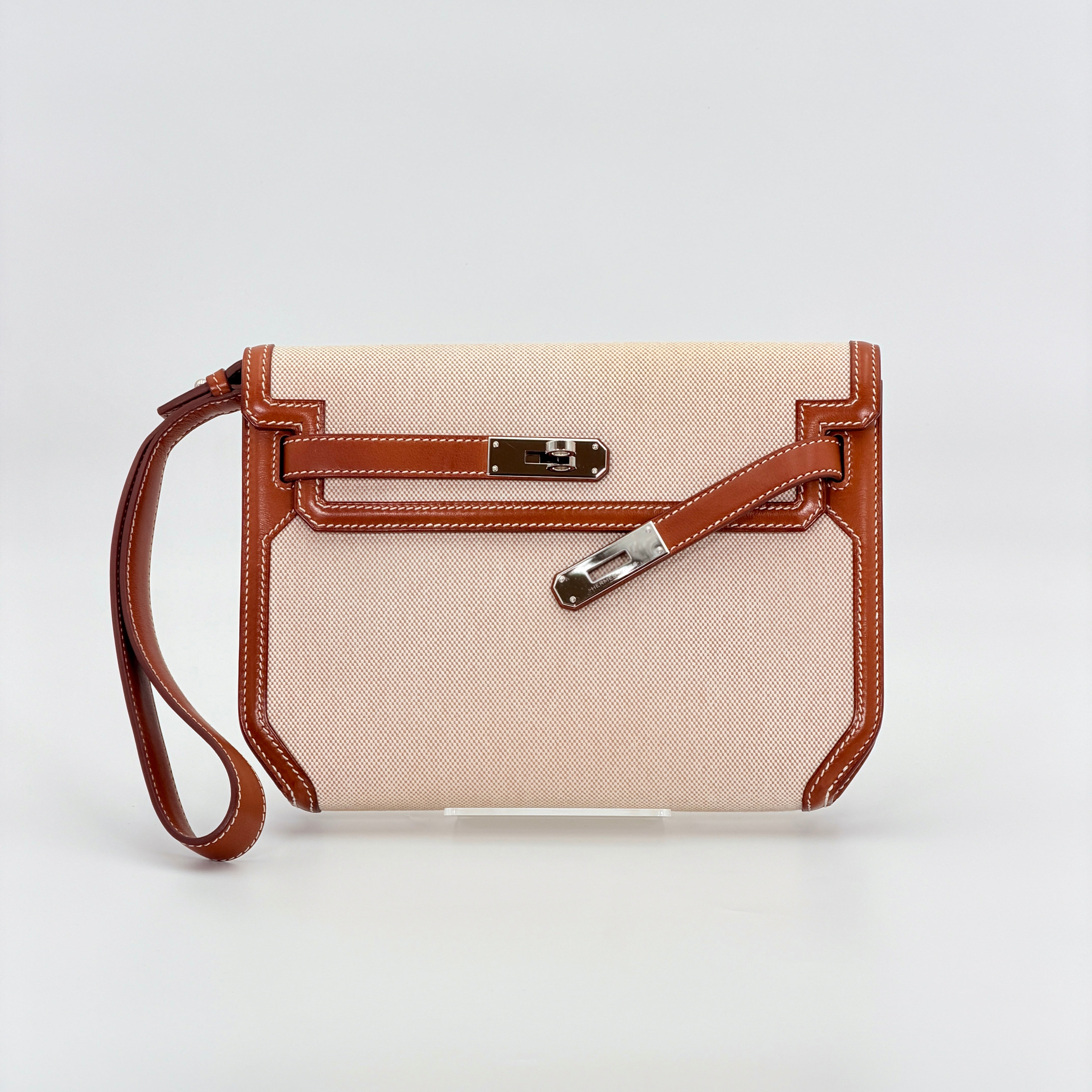 Hermès Kelly Depeches 25 Pouch Barenia Fauve Ecru Beige Toile H PHW (Discontinued Model)