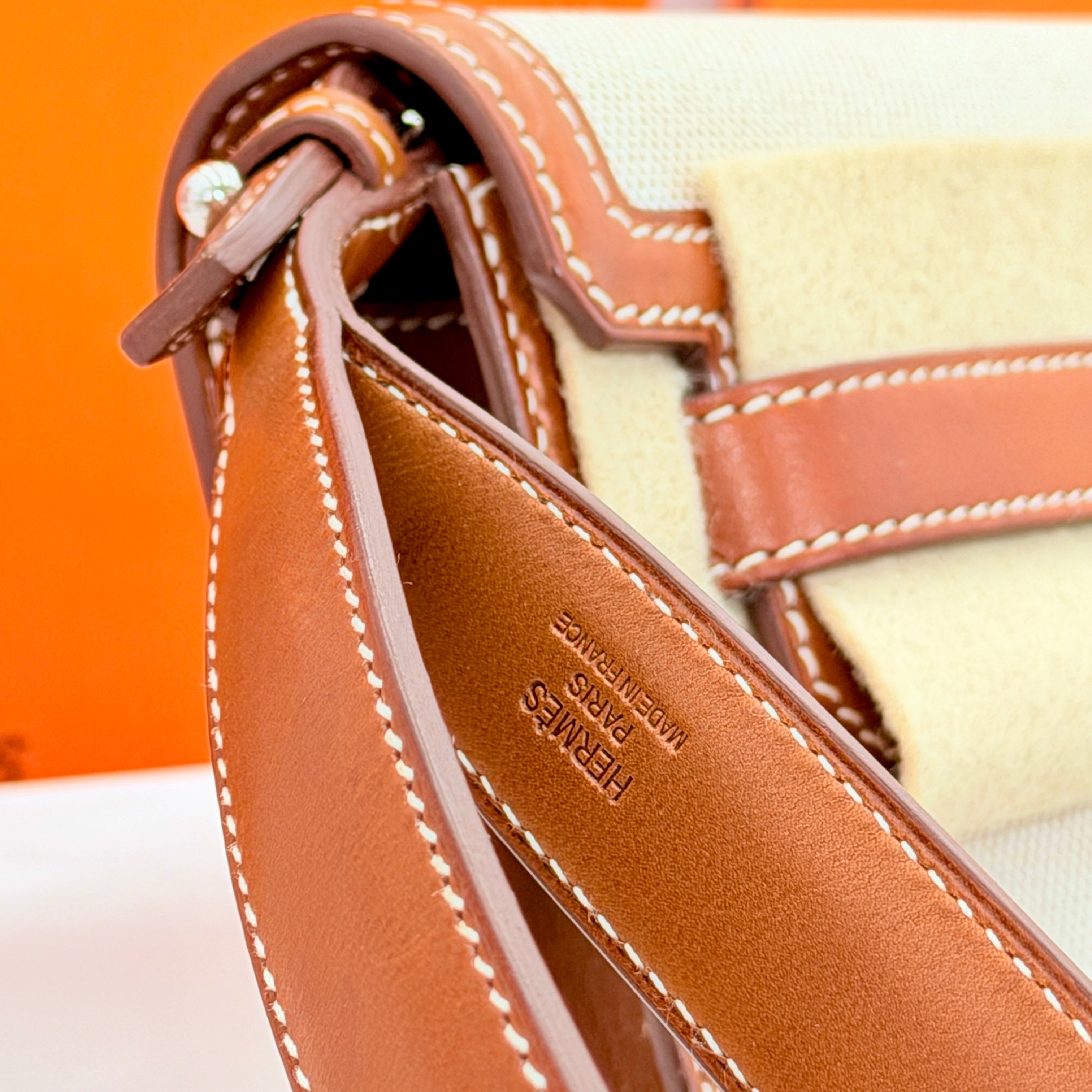 Hermès Kelly Depeches 25 Pouch Barenia Fauve Ecru Beige Toile H PHW (Discontinued Model)