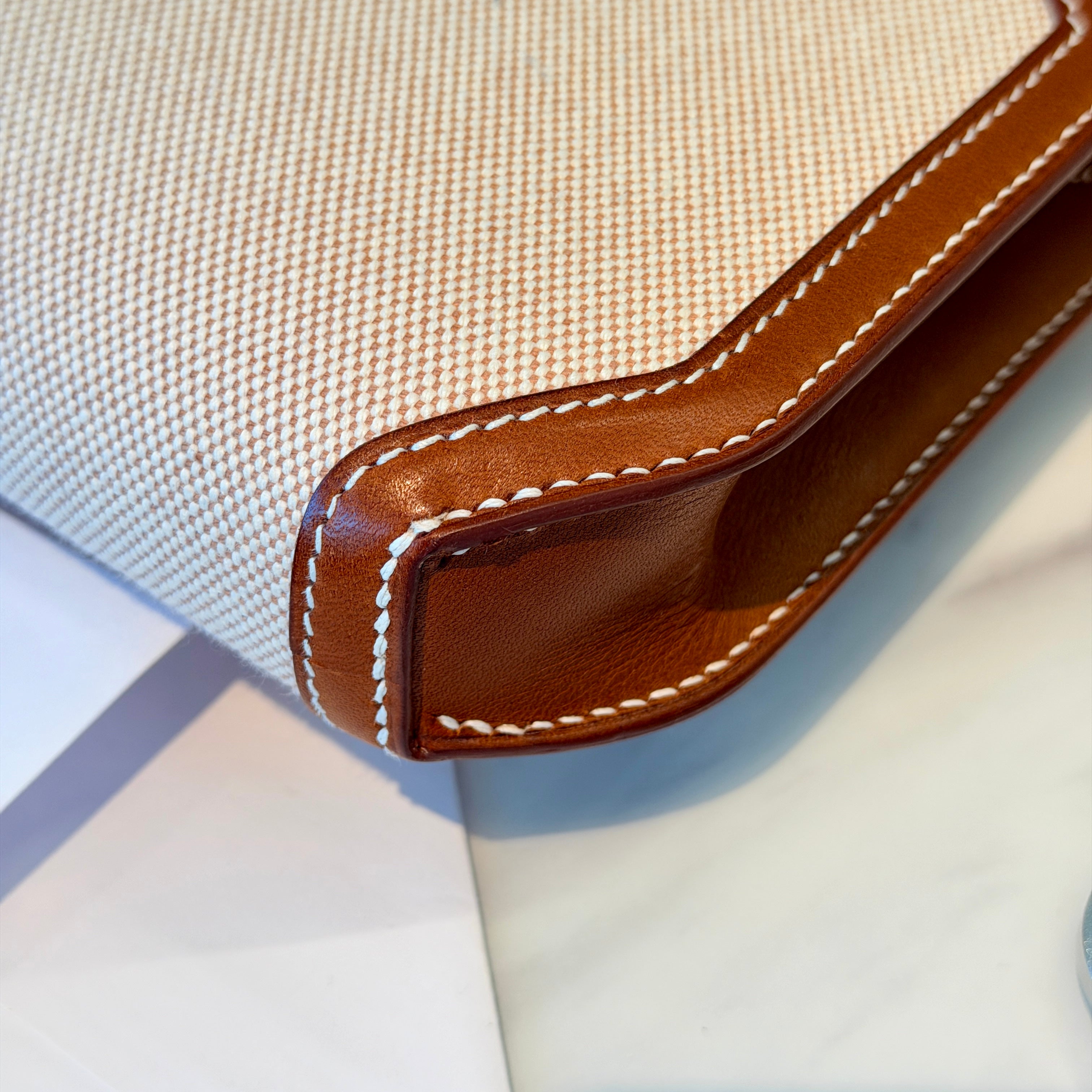 Hermès Kelly Depeches 25 Pouch Barenia Fauve Ecru Beige Toile H PHW (Discontinued Model)