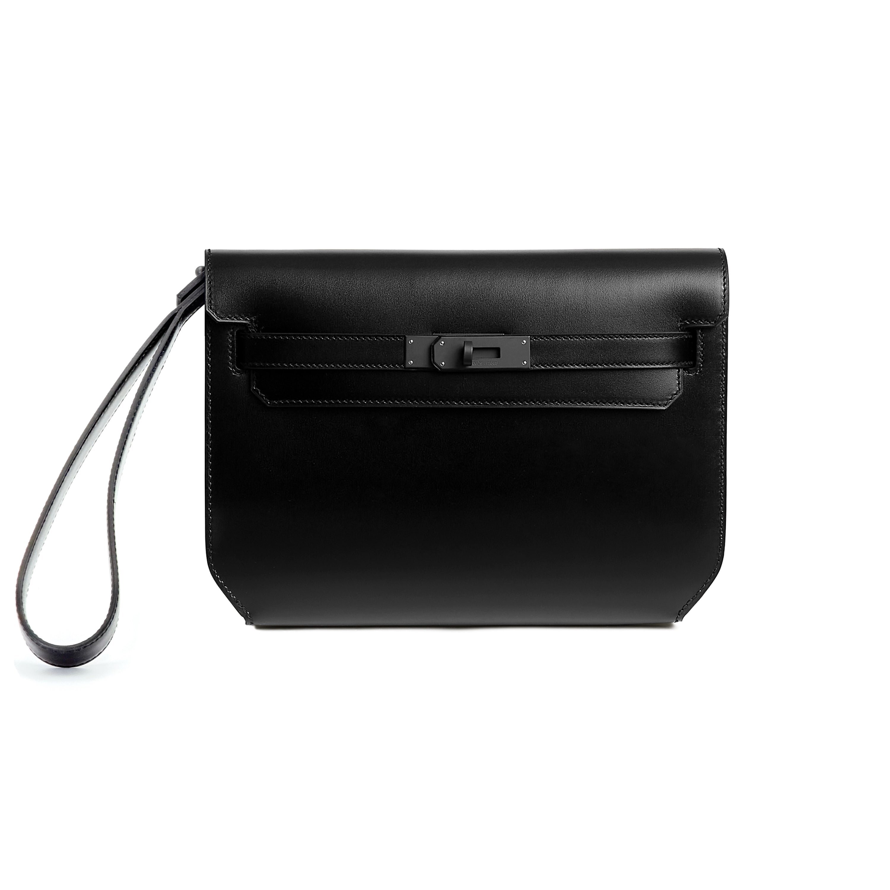 Hermès Kelly Depeches 25 Pouch Black Box Calfskin Black Monochrome PVD