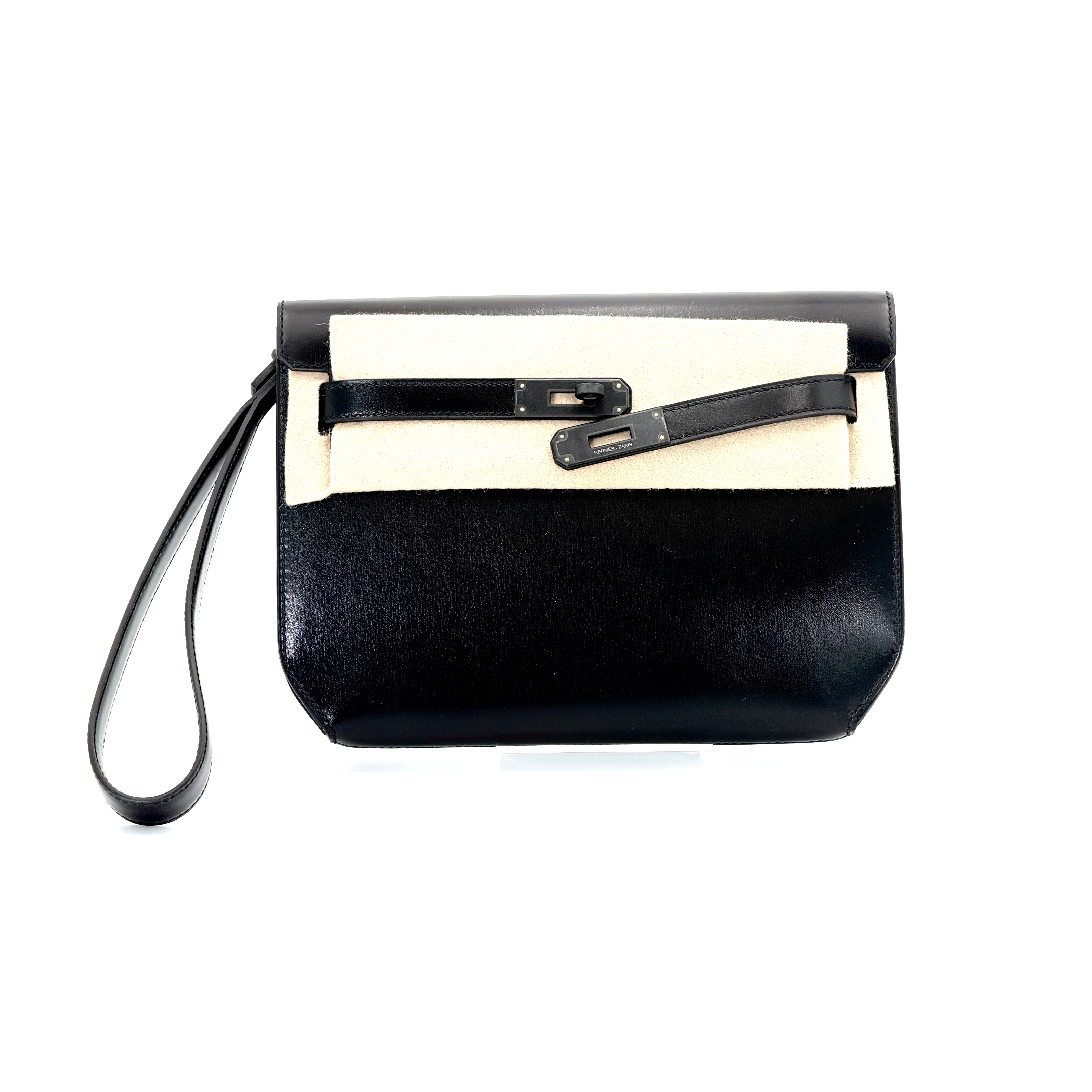 Hermès Kelly Depeches 25 Pouch Black Box Calfskin Black Monochrome PVD (Limited Edition)