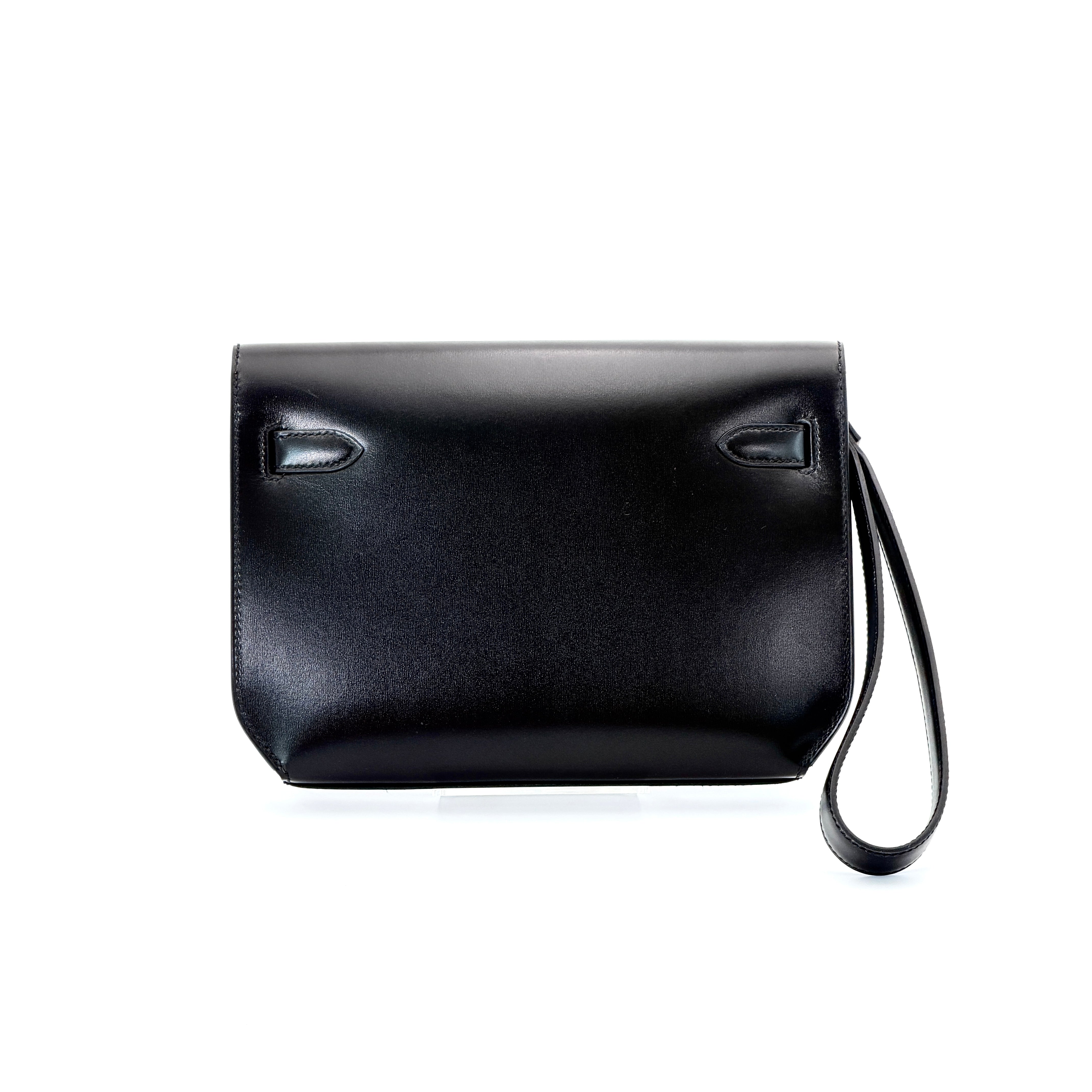 Hermès Kelly Depeches 25 Pouch Black Box Calfskin Black Monochrome PVD (Limited Edition)